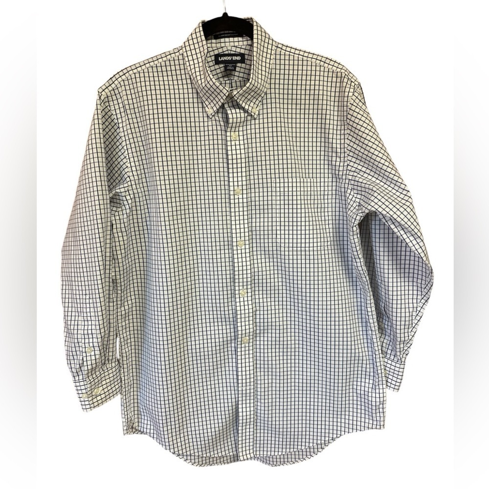 Lands End No Iron Supima Pinpoint Blue Plaid Traditional Fit Dress Shirt 16-32